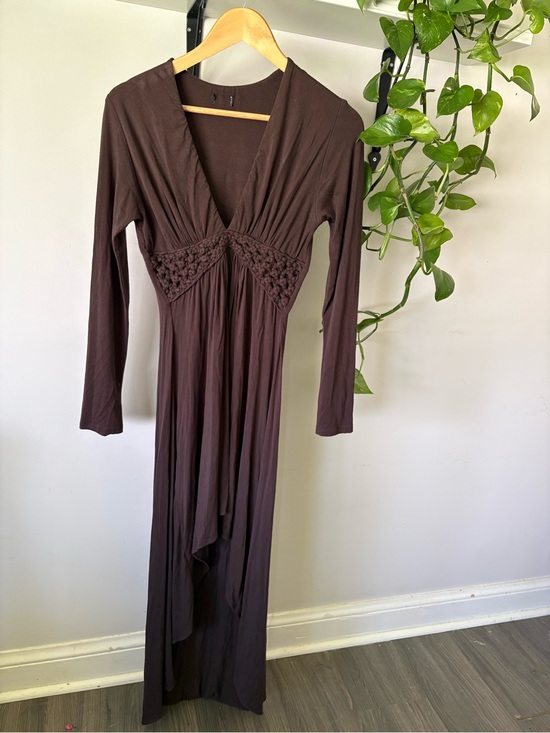 Dresses & Skirts - Long Brown V-Neck Women’s Dress with Crochet Waist